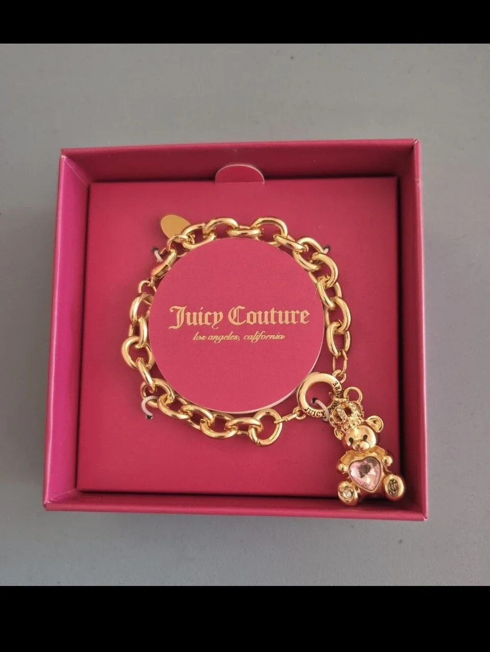 Juicy Couture Gold-tone Chain Bracelet with Pink Teddy Charm